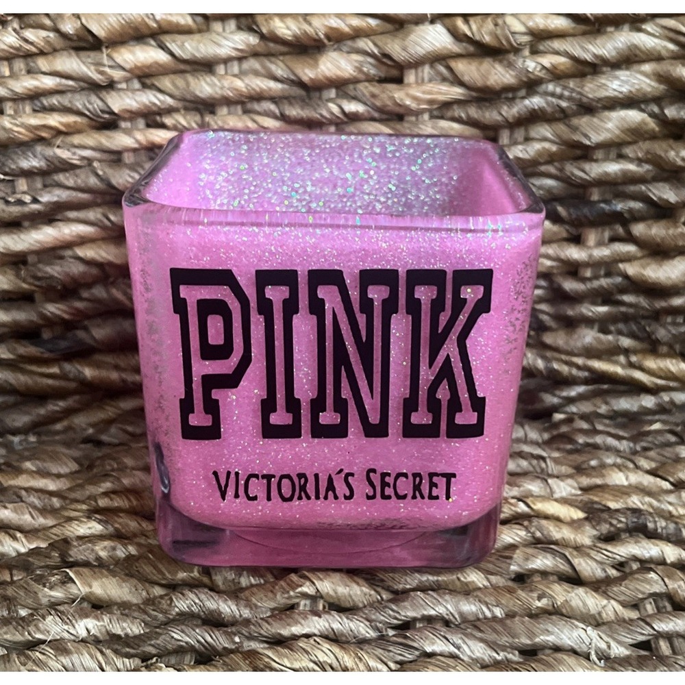 Victoria's Secret PINK Glittery Glass Candle Holder Jar Cup Pink Black Varsity